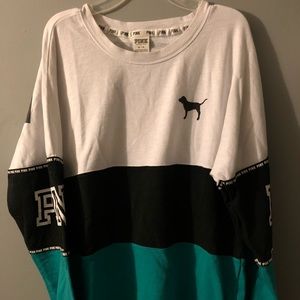 PINK Victoria's Secret White, Black, and Teal Crew Neck Sweater